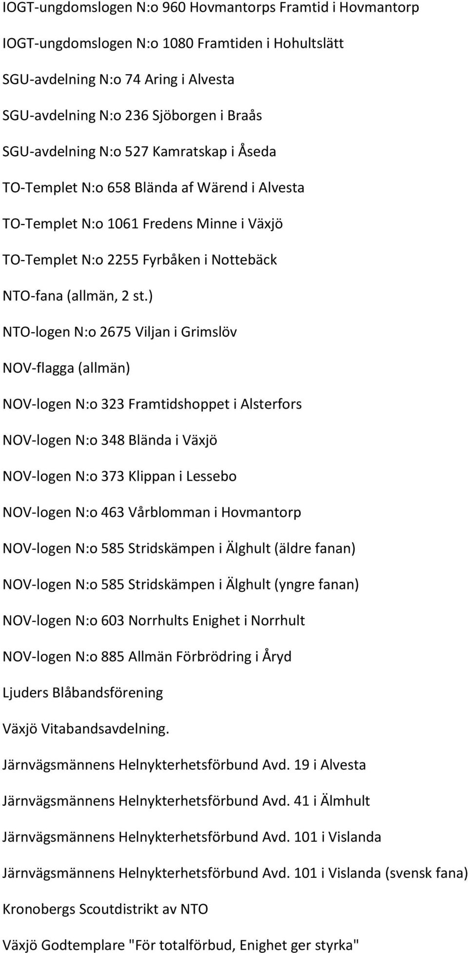 ) NTO-logen N:o 2675 Viljan i Grimslöv NOV-flagga (allmän) NOV-logen N:o 323 Framtidshoppet i Alsterfors NOV-logen N:o 348 Blända i Växjö NOV-logen N:o 373 Klippan i Lessebo NOV-logen N:o 463