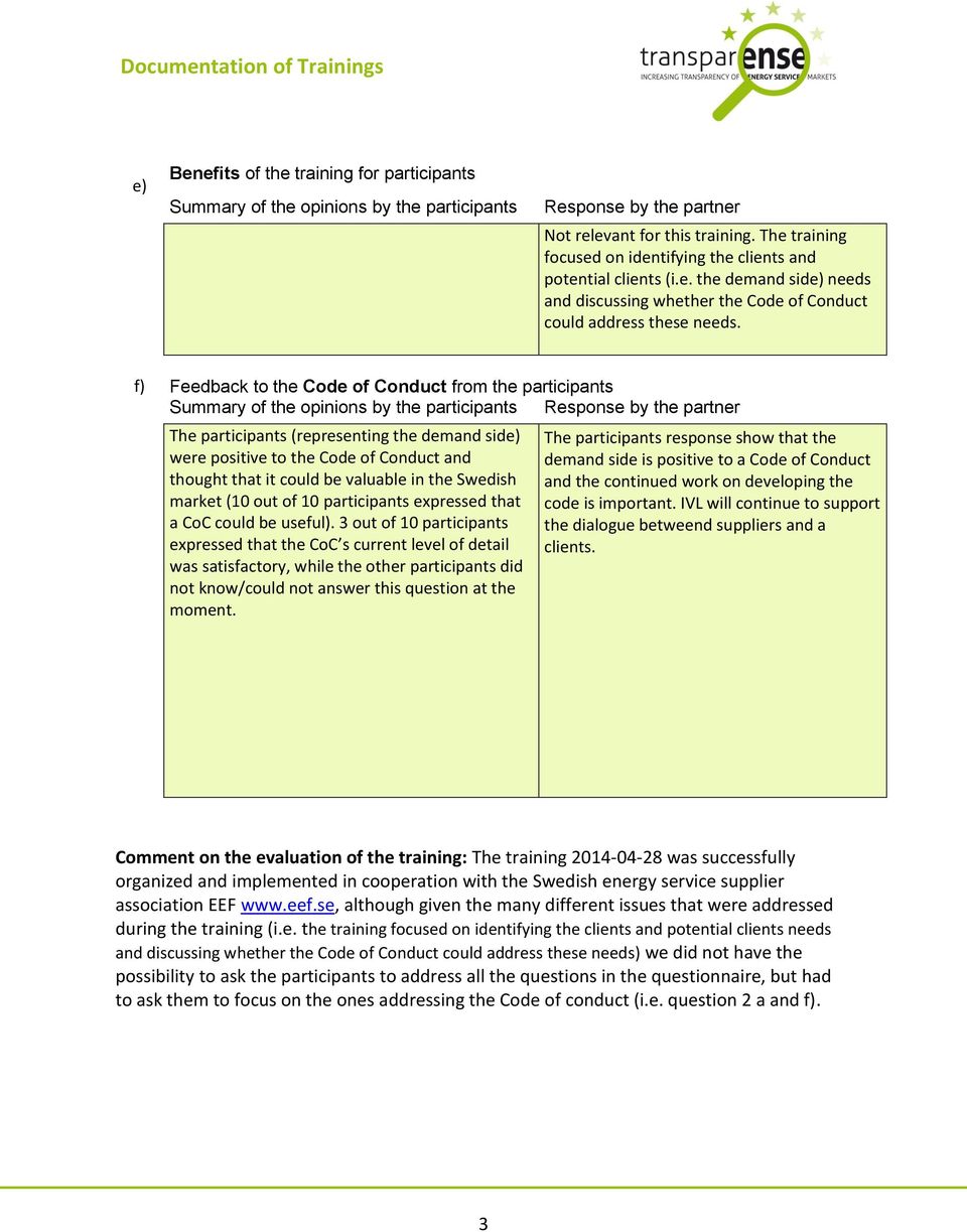 f) Feedback to the Code of Conduct from the participants Summary of the opinions by the participants Response by the partner The participants (representing the demand side) were positive to the Code