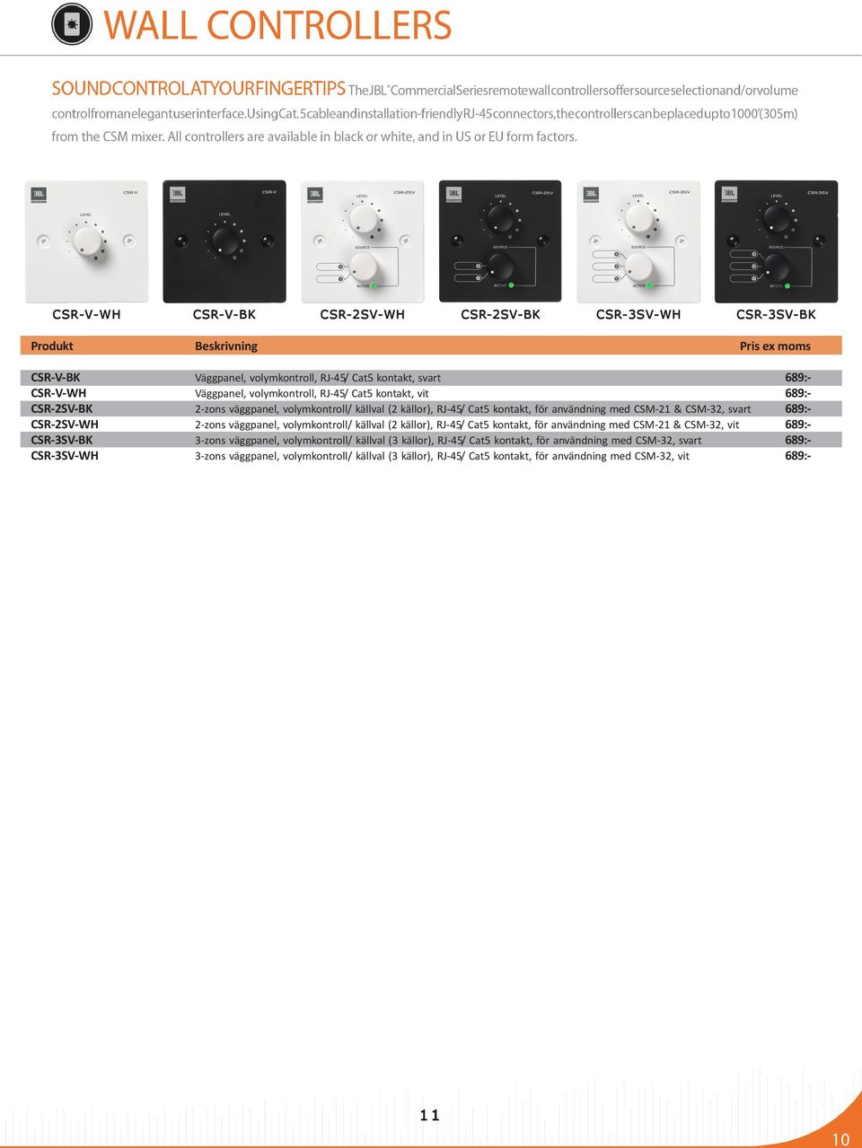 CSR-2SV-WH 2-zons väggpanel, volymkontroll/ källval (2 källor), RJ-45/ Cat5 kontakt, för användning med CSM-21 & CSM-32, vit 689:- CSR-3SV-BK 3-zons väggpanel, volymkontroll/ källval