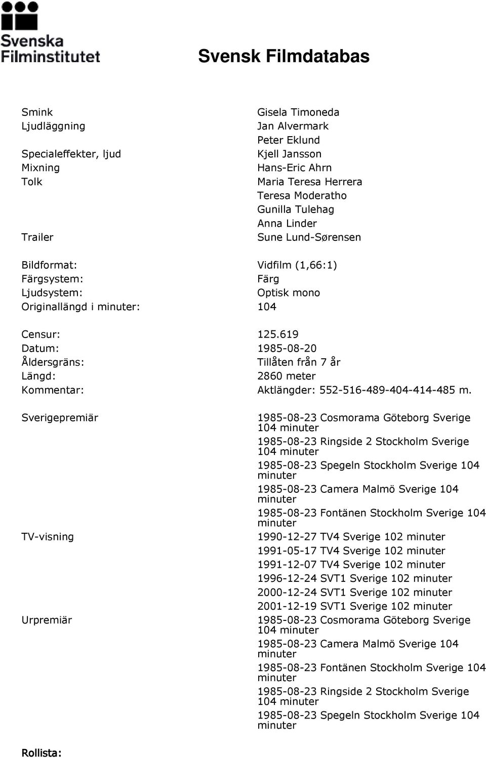 619 Datum: 1985-08-20 Åldersgräns: Tillåten från 7 år Längd: 2860 meter Kommentar: Aktlängder: 552-516-489-404-414-485 m.