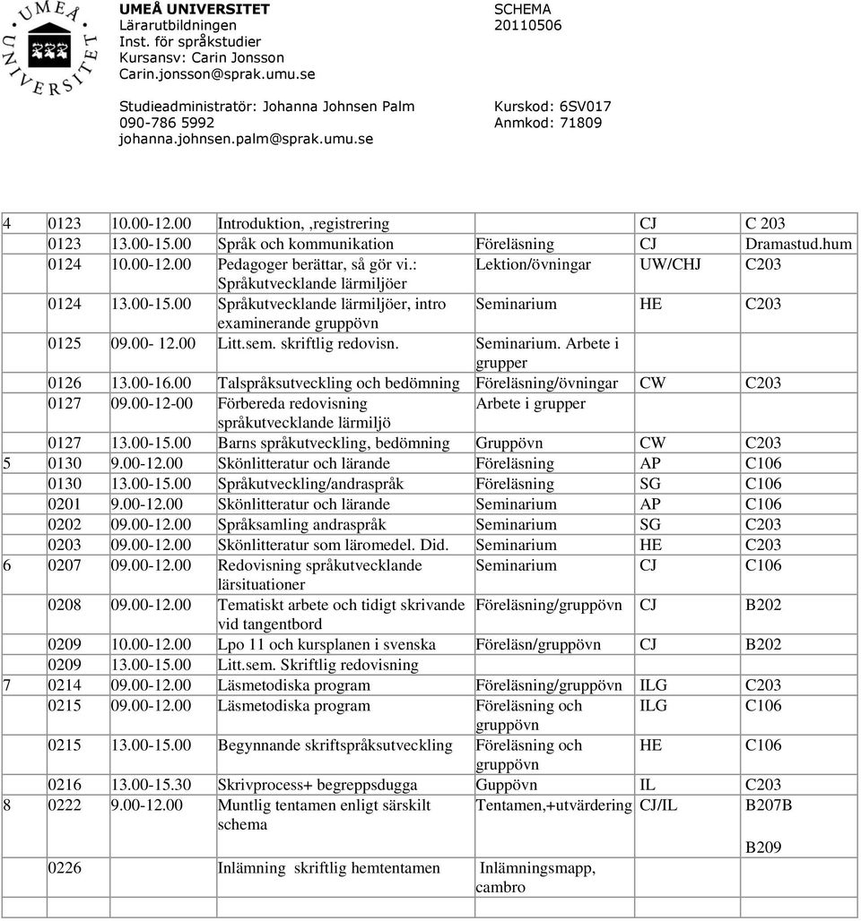 : Lektion/övningar UW/CHJ C203 Språkutvecklande lärmiljöer 0124 13.00-15.00 Språkutvecklande lärmiljöer, intro Seminarium HE C203 examinerande gruppövn 0125 09.00-12.00 Litt.sem. skriftlig redovisn.