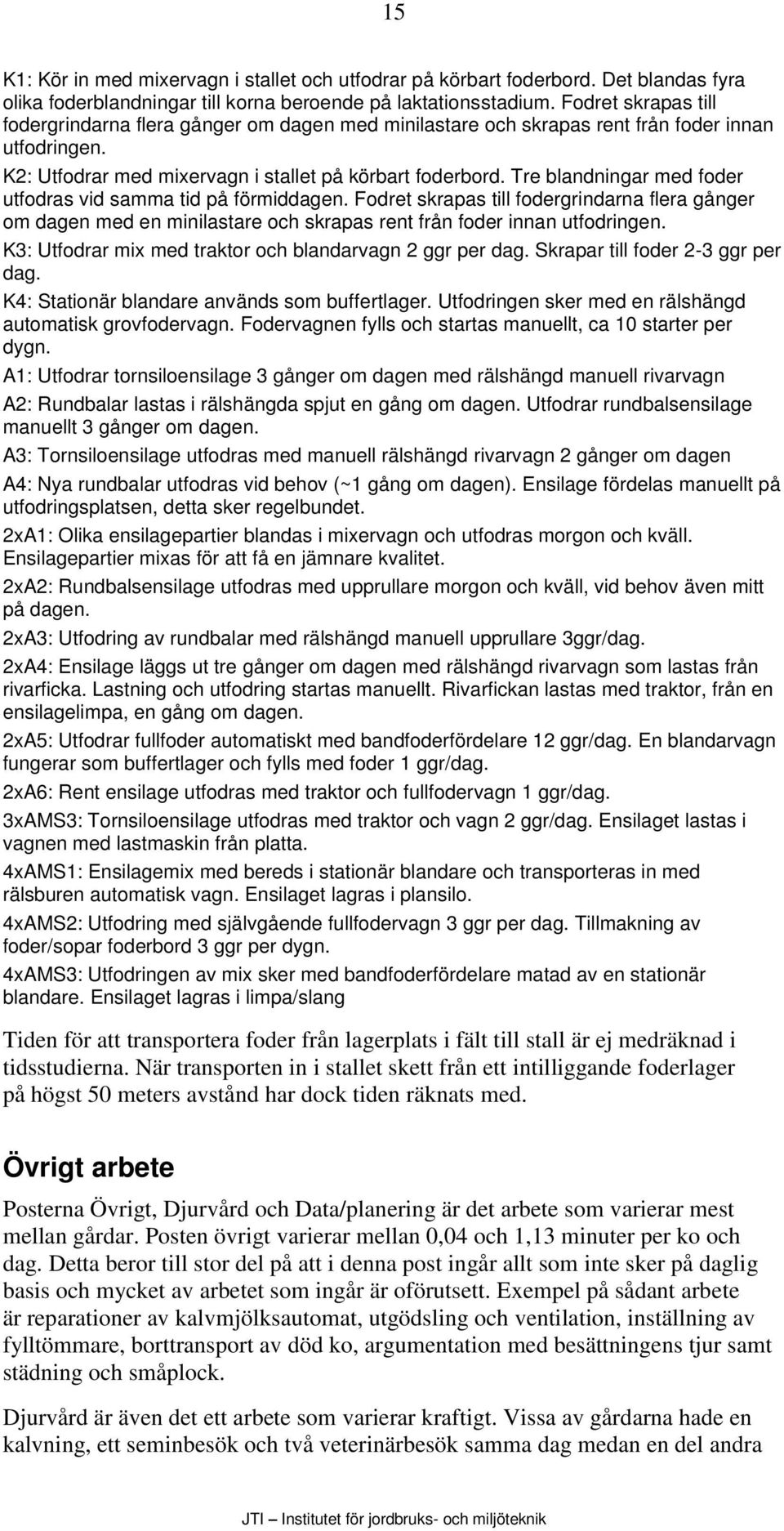 Tre blandningar med foder utfodras vid samma tid på förmiddagen. Fodret skrapas till fodergrindarna flera gånger om dagen med en minilastare och skrapas rent från foder innan utfodringen.