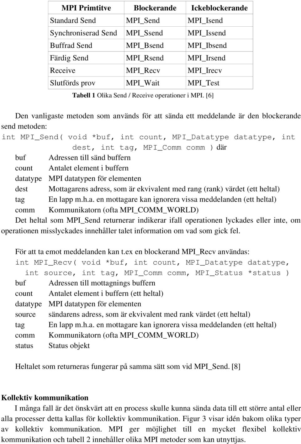 [6] Den vanligaste metoden som används för att sända ett meddelande är den blockerande send metoden: int MPI_Send( void *buf, int count, MPI_Datatype datatype, int dest, int tag, MPI_Comm comm ) där