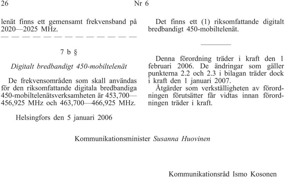 MHz och 463,700 466,925 MHz. Det finns ett (1) riksomfattande digitalt bredbandigt 450-mobiltelenät. Denna förordning träder i kraft den 1 februari 2006.