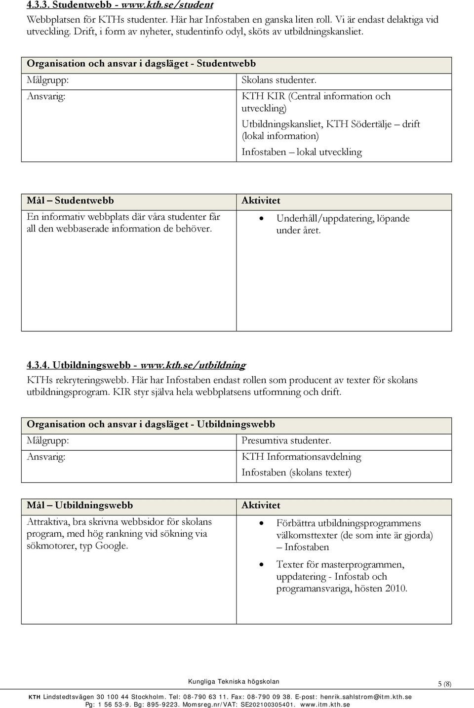 Ansvarig: KTH KIR (Central information och utveckling) Utbildningskansliet, KTH Södertälje drift (lokal information) Infostaben lokal utveckling Mål Studentwebb En informativ webbplats där våra