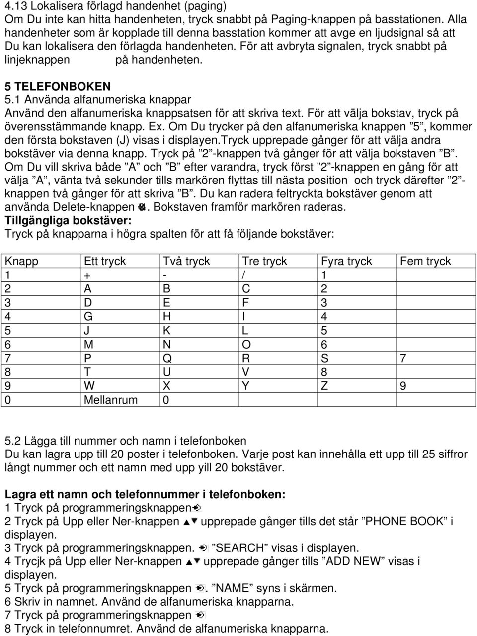 För att avbryta signalen, tryck snabbt på linjeknappen på handenheten. 5 TELEFONBOKEN 5.1 Använda alfanumeriska knappar Använd den alfanumeriska knappsatsen för att skriva text.