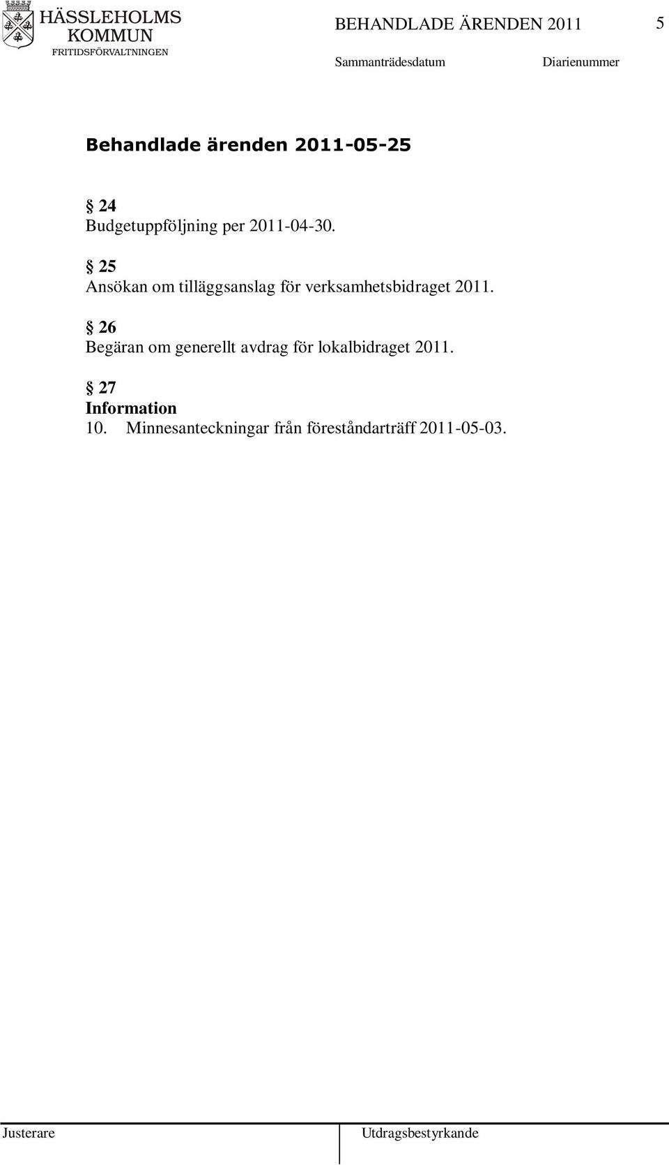 25 Ansökan om tilläggsanslag för verksamhetsbidraget 2011.