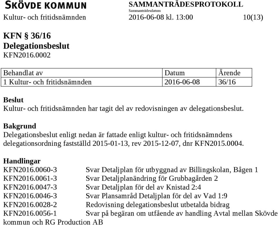 Delegationsbeslut enligt nedan är fattade enligt kultur- och fritidsnämndens delegationsordning fastställd 2015-01-13, rev 2015-12-07, dnr KFN2015.0004. KFN2016.