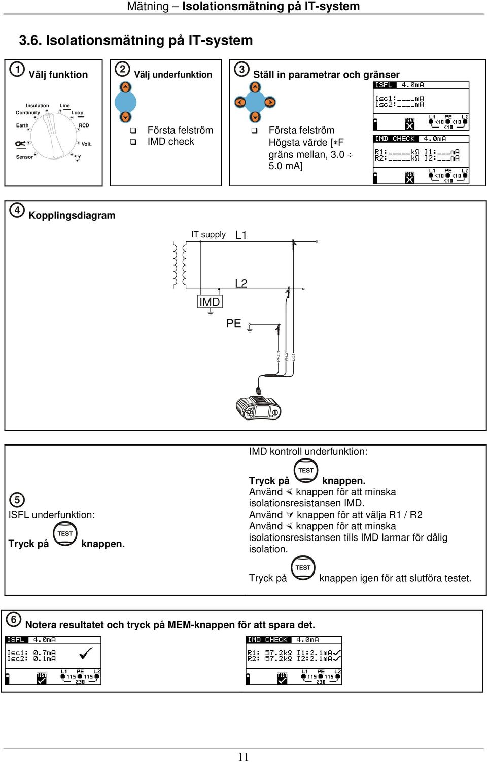 gräns mellan, 3.0 5.0 ma] 4 Kopplingsdiagram IT supply L1 IMD L2 IMD kontroll underfunktion: 5 ISFL underfunktion: Tryck på knappen.