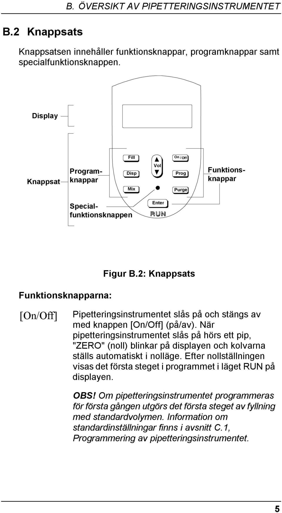 2: Knappsats [On/Off] Pipetteringsinstrumentet slås på och stängs av med knappen [On/Off] (på/av).