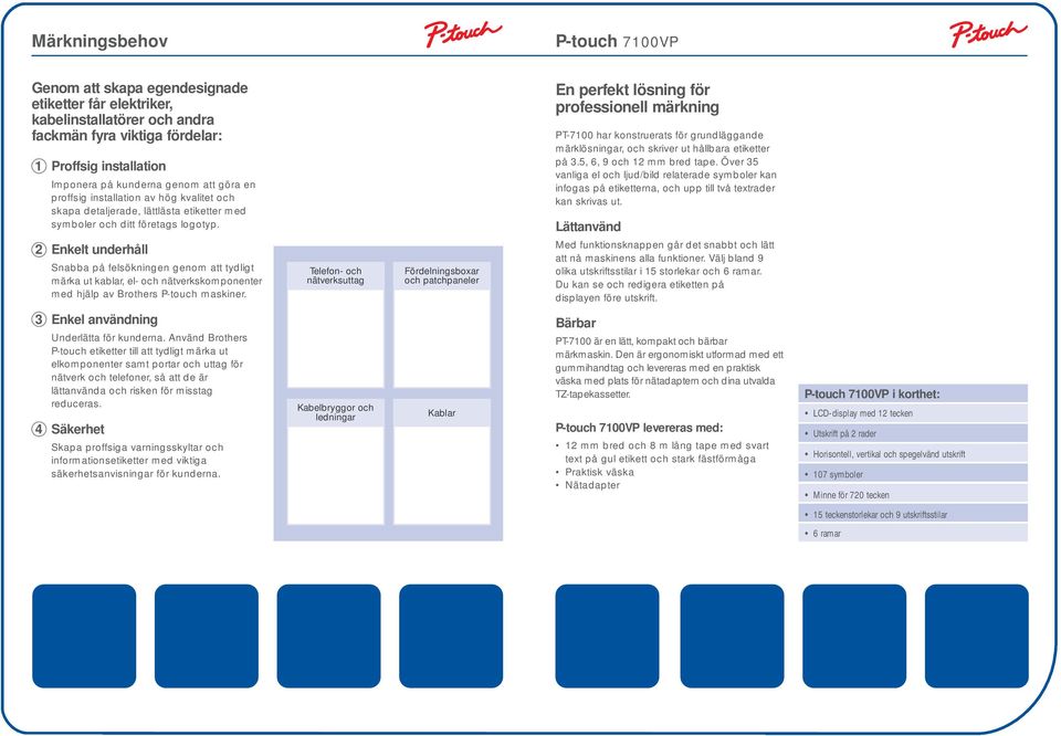 2 Enkelt underhåll Snabba på felsökningen genom att tydligt märka ut kablar, el- och nätverkskomponenter med hjälp av Brothers P-touch maskiner.