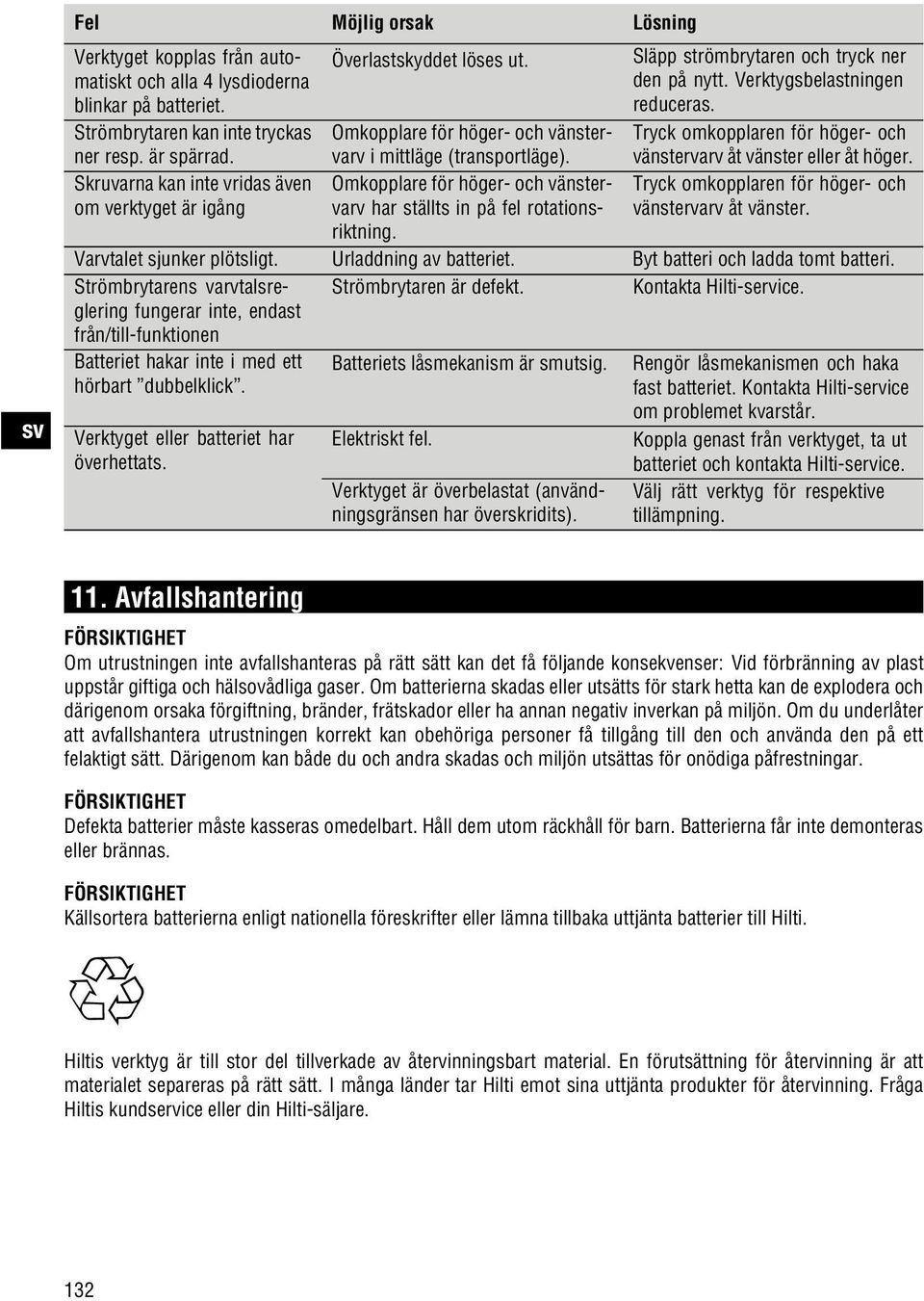 Tryck omkopplaren för höger- och vänstervarv åt vänster eller åt höger. Tryck omkopplaren för höger- och vänstervarv åt vänster. Omkopplare för höger- och vänstervarv i mittläge (transportläge).