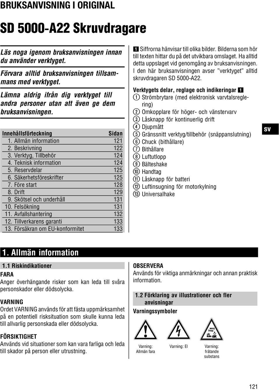 Teknisk information 124 5. Reservdelar 125 6. Säkerhetsföreskrifter 125 7. Före start 128 8. Drift 129 9. Skötsel och underhåll 131 10. Felsökning 131 11. Avfallshantering 132 12.