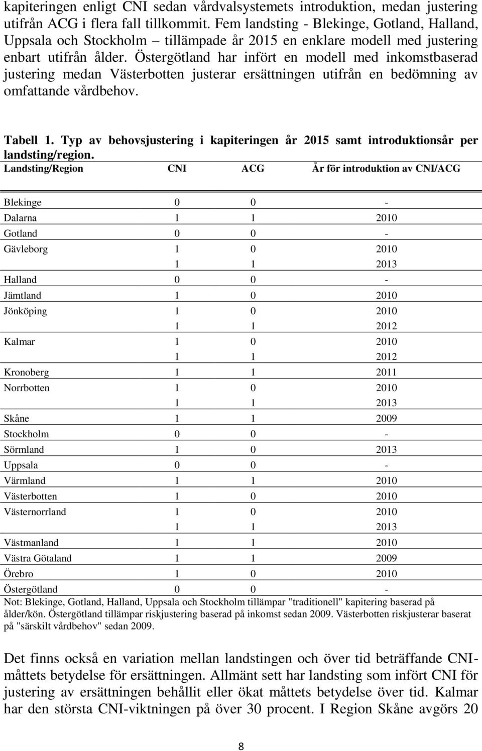 Östergötland har infört en modell med inkomstbaserad justering medan Västerbotten justerar ersättningen utifrån en bedömning av omfattande vårdbehov. Tabell 1.