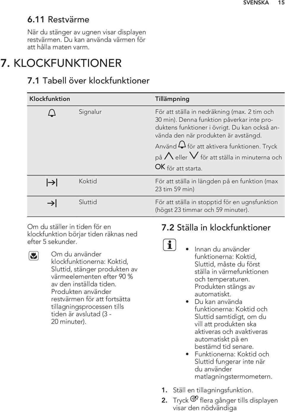 Om du använder klockfunktionerna: Koktid, Sluttid, stänger produkten av värmeelementen efter 90 % av den inställda tiden.