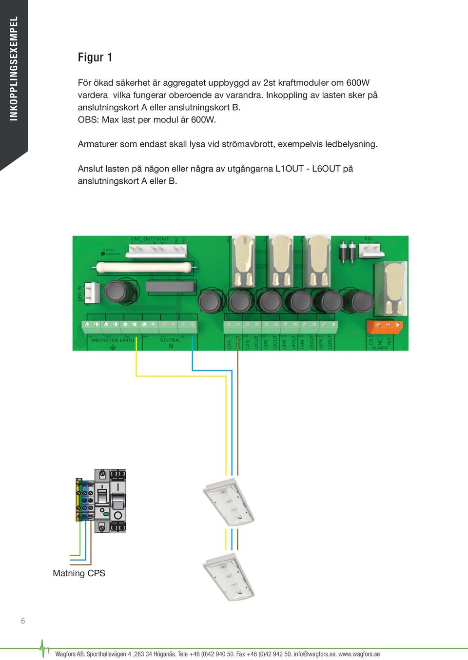 Inkoppling av lasten sker på anslutningskort A eller anslutningskort B. OBS: Max last per modul är 600W.