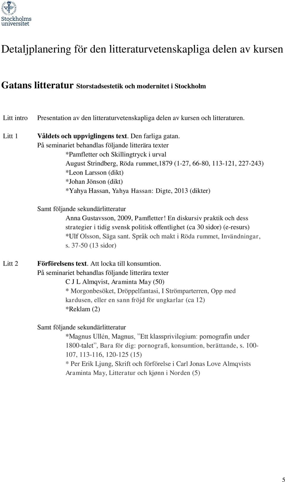 *Pamfletter och Skillingtryck i urval August Strindberg, Röda rummet,1879 (1-27, 66-80, 113-121, 227-243) *Leon Larsson (dikt) *Johan Jönson (dikt) *Yahya Hassan, Yahya Hassan: Digte, 2013 (dikter)