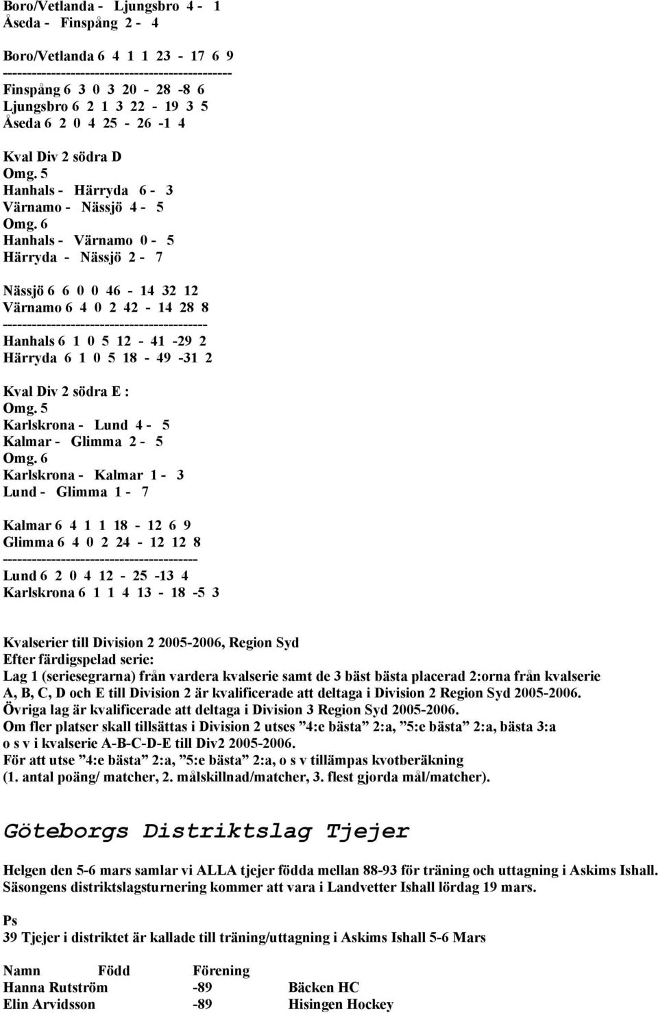 6 Hanhals - Värnamo 0-5 Härryda - Nässjö 2-7 Nässjö 6 6 0 0 46-14 32 12 Värnamo 6 4 0 2 42-14 28 8 ------------------------------------------ Hanhals 6 1 0 5 12-41 -29 2 Härryda 6 1 0 5 18-49 -31 2