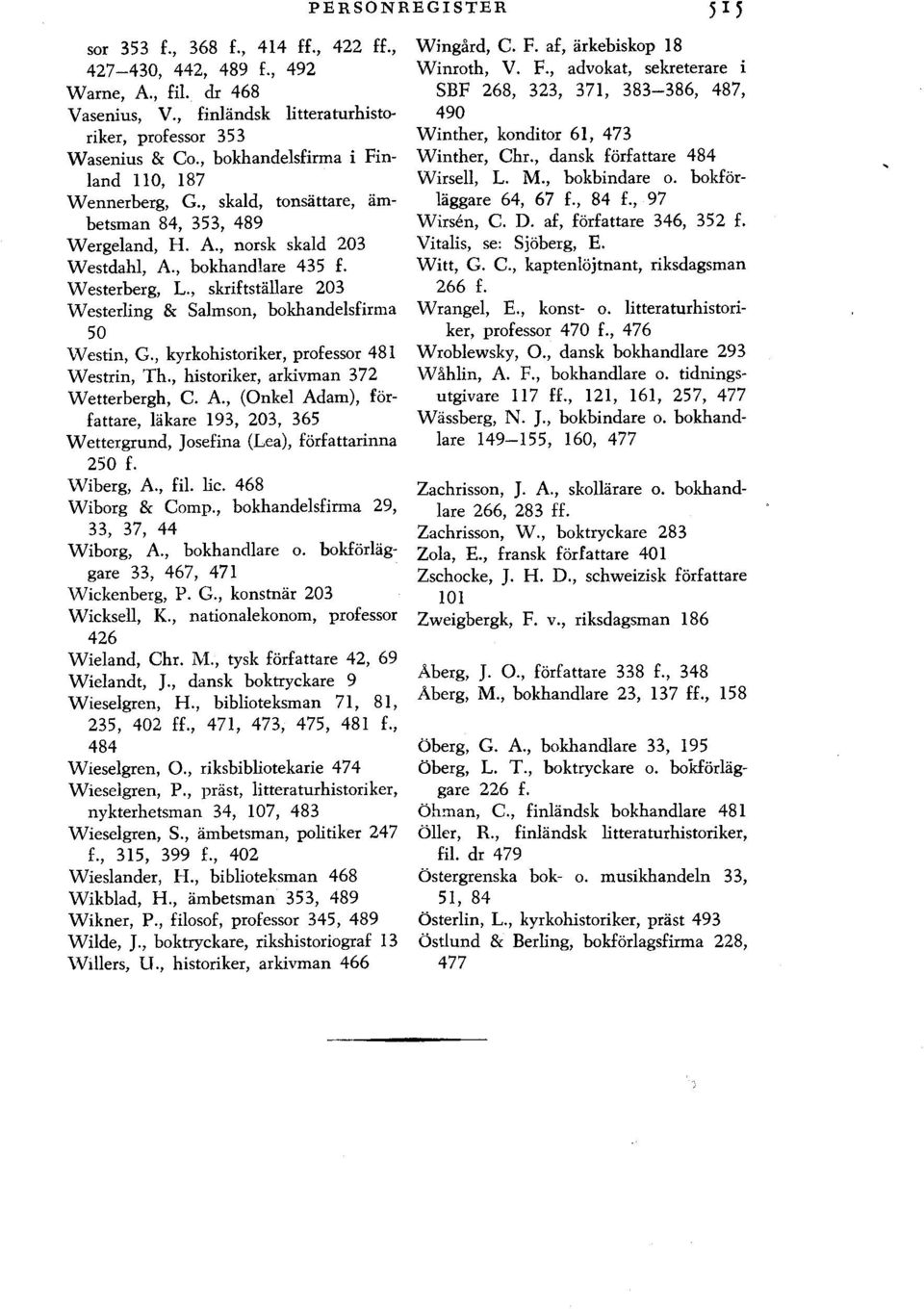 , skriftställare 203 Westerling & Salmson, bokhandelsfirma 50 Westin, G., kyrkohistoriker, professor 481 Westrin, Th., historiker, arkivman 372 Wetterbergh, C. A.