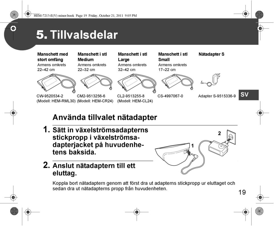 Armens omkrets 17 22 cm Nätadapter S CW-9520534-2 CM2-9513256-6 (Modell: HEM-RML30) (Modell: HEM-CR24) CL2-9513255-8 (Modell: HEM-CL24) CS-4997067-0 Adapter S-9515336-9 SV Använda