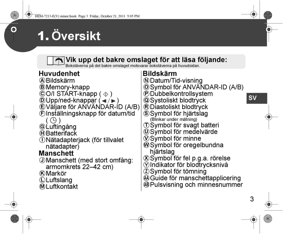 (för tillvalet nätadapter) Manschett J K L M Manschett (med stort omfång: armomkrets 22 42 cm) Markör Luftslang Luftkontakt Bildskärm N Datum/Tid-visning O Symbol för ANVÄNDAR-ID (A/B) P