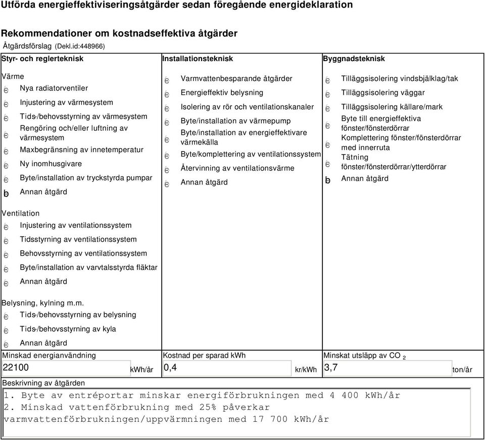 värmesystem Maxbegränsning av innetemperatur Ny inomhusgivare Byte/installation av tryckstyrda pumpar Varmvattenbesparande åtgärder Energieffektiv belysning Isolering av rör och ventilationskanaler