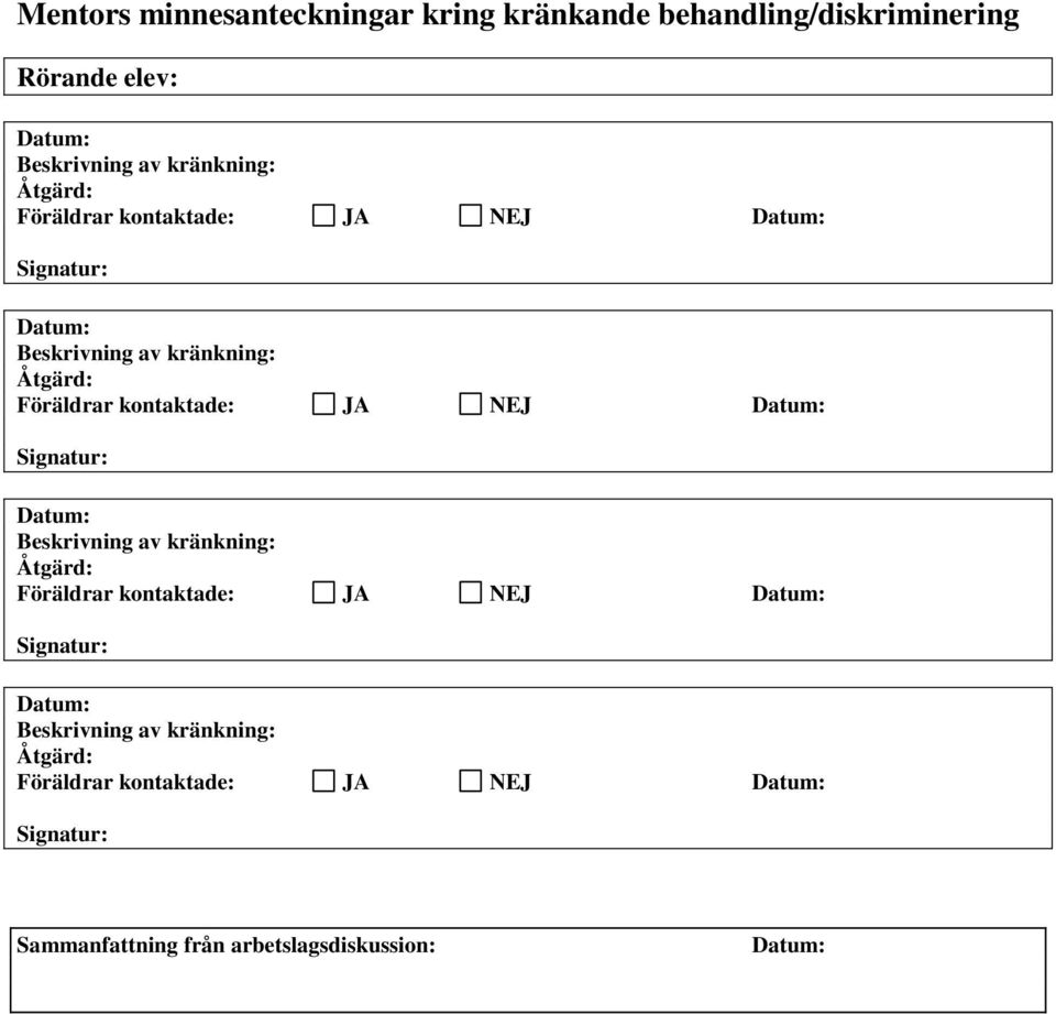 NEJ Datum: Signatur: Datum: Beskrivning av kränkning:  NEJ Datum: Signatur: Sammanfattning från arbetslagsdiskussion: