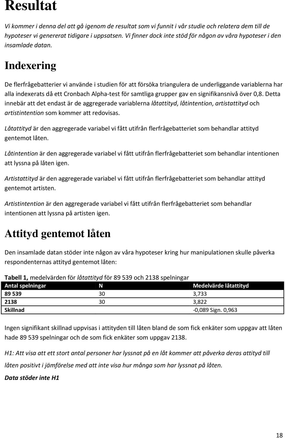 Indexering De flerfrågebatterier vi använde i studien för att försöka triangulera de underliggande variablerna har alla indexerats då ett Cronbach Alpha-test för samtliga grupper gav en