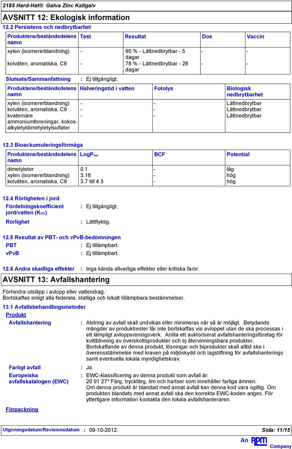 Biologisk nedbrytbarhet xylen (isomererblandning) - - Lättnedbrytbar kolväten, aromatiska, C9 - - Lättnedbrytbar kvaternäre ammoniumforeningar, kokosalkyletyldimetyletylsulfater - - Lättnedbrytbar