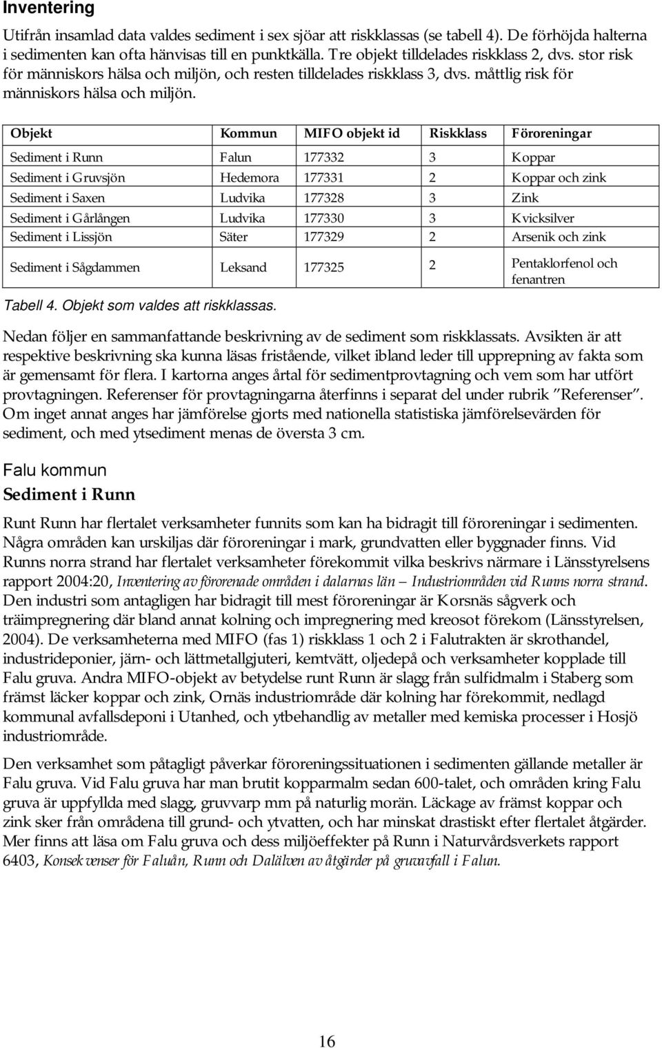 Objekt Kommun MIFO objekt id Riskklass Föroreningar Sediment i Runn Falun 177332 3 Koppar Sediment i Gruvsjön Hedemora 177331 2 Koppar och zink Sediment i Saxen Ludvika 177328 3 Zink Sediment i