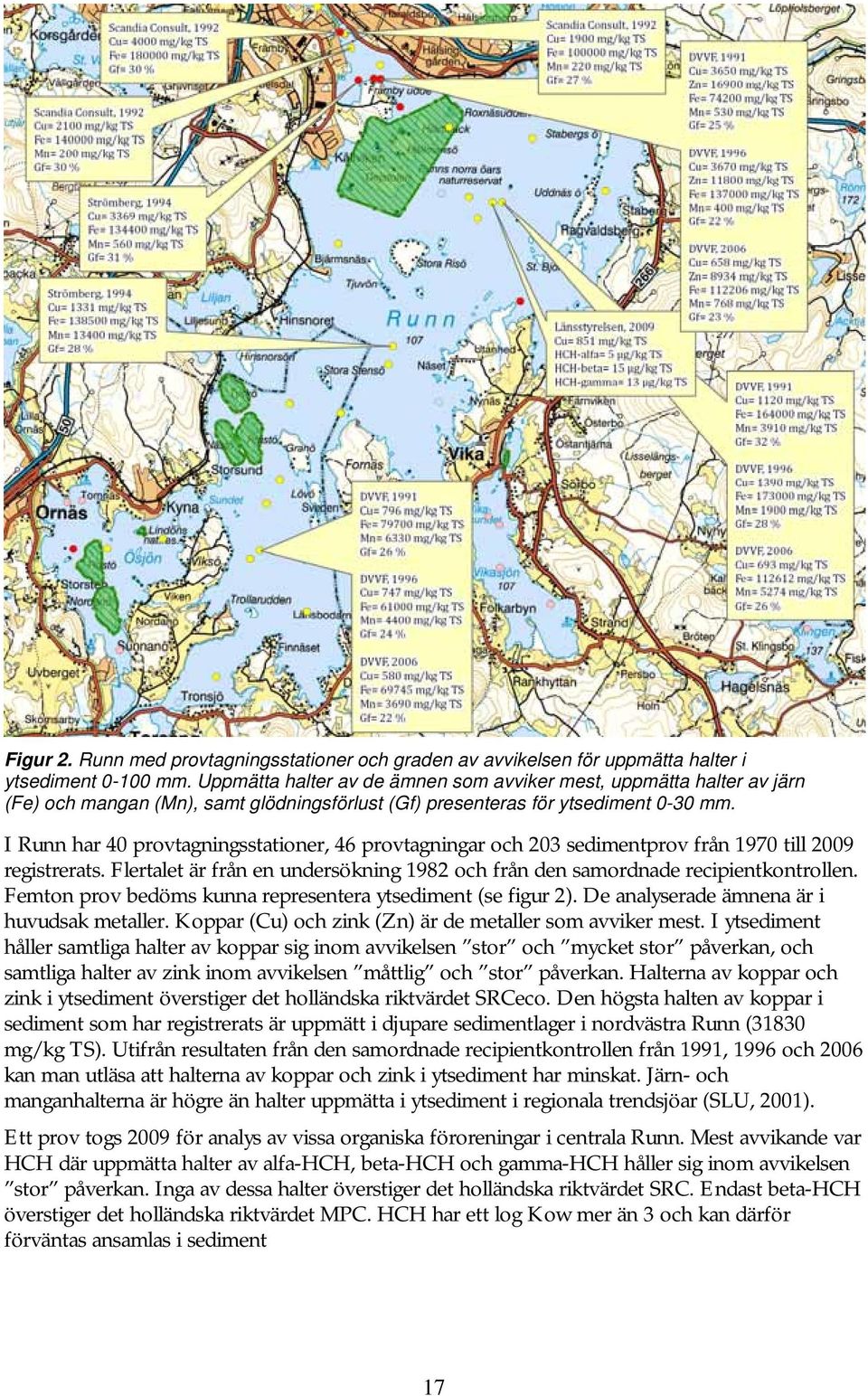 I Runn har 40 provtagningsstationer, 46 provtagningar och 203 sedimentprov från 1970 till 2009 registrerats. Flertalet är från en undersökning 1982 och från den samordnade recipientkontrollen.