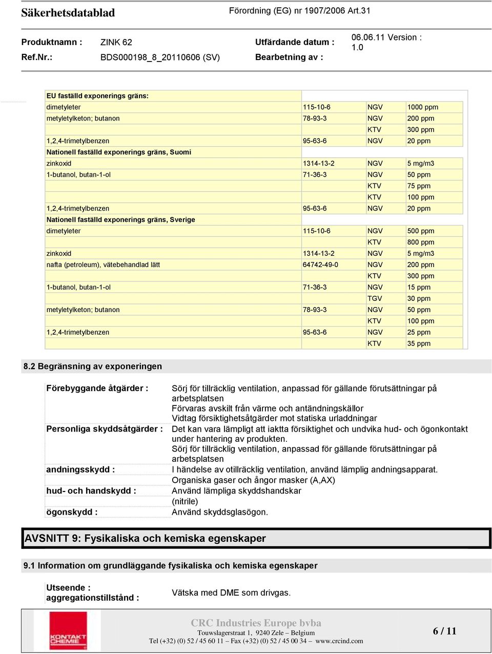 115-10-6 NGV 500 ppm KTV 800 ppm zinkoxid 1314-13-2 NGV 5 mg/m3 nafta (petroleum), vätebehandlad lätt 64742-49-0 NGV 200 ppm KTV 300 ppm 1-butanol, butan-1-ol 71-36-3 NGV 15 ppm TGV 30 ppm