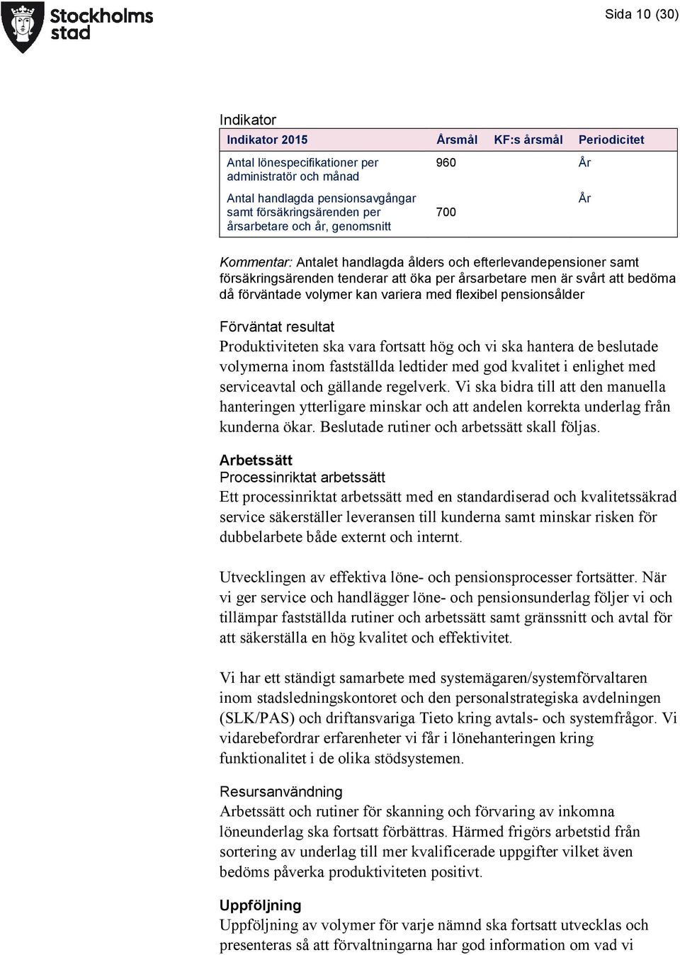 volymer kan variera med flexibel pensionsålder Förväntat resultat Produktiviteten ska vara fortsatt hög och vi ska hantera de beslutade volymerna inom fastställda ledtider med god kvalitet i enlighet