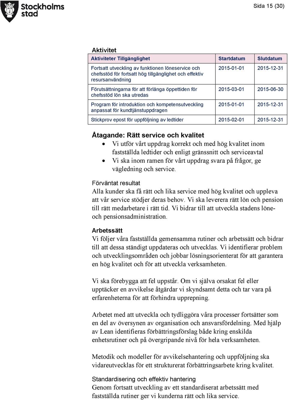 2015-06-30 2015-01-01 2015-12-31 Stickprov epost för uppföljning av ledtider 2015-02-01 2015-12-31 Åtagande: Rätt service och kvalitet Vi utför vårt uppdrag korrekt och med hög kvalitet inom