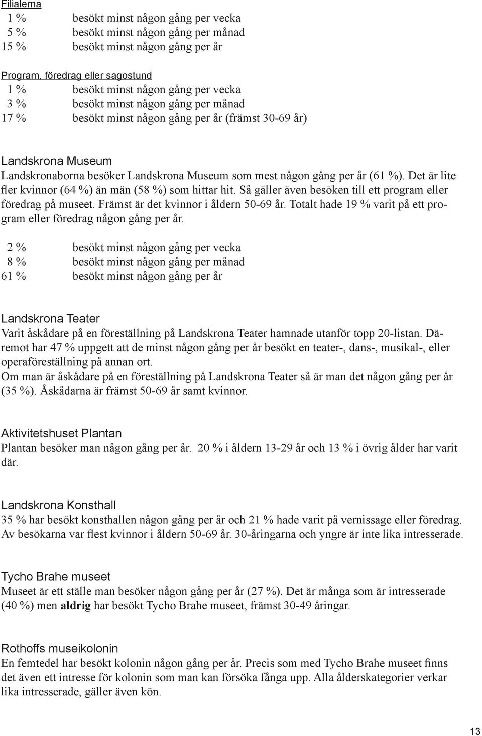 Det är lite fler kvinnor (64 %) än män (58 %) som hittar hit. Så gäller även besöken till ett program eller föredrag på museet. Främst är det kvinnor i åldern 50-69 år.