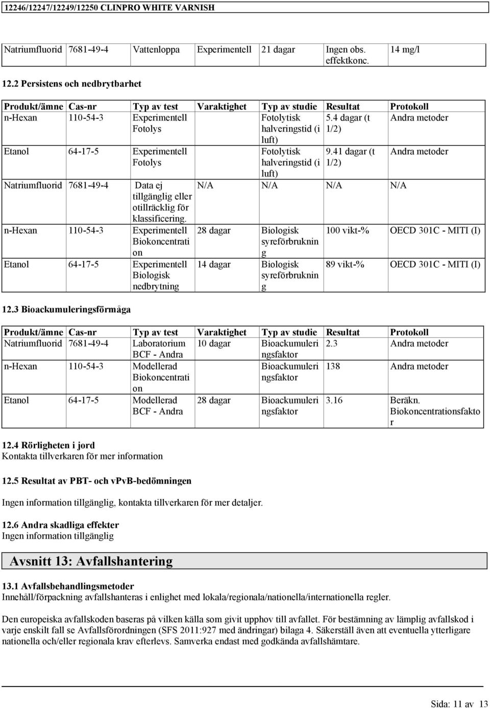 4 dagar (t Andra metoder Fotolys halveringstid (i 1/2) Etanol 64-17-5 Experimentell Fotolys 7681-49-4 Data ej tillgänglig eller o.