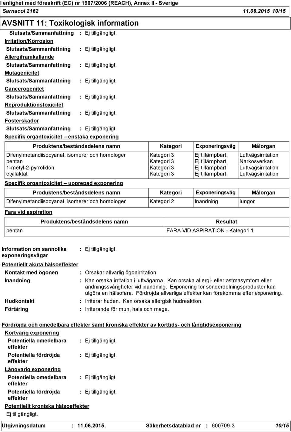 Specifik organtoxicitet upprepad exponering Fara vid aspiration Produktens/beståndsdelens namn Produktens/beståndsdelens namn Produktens/beståndsdelens namn Kategori Kategori Exponeringsväg Resultat