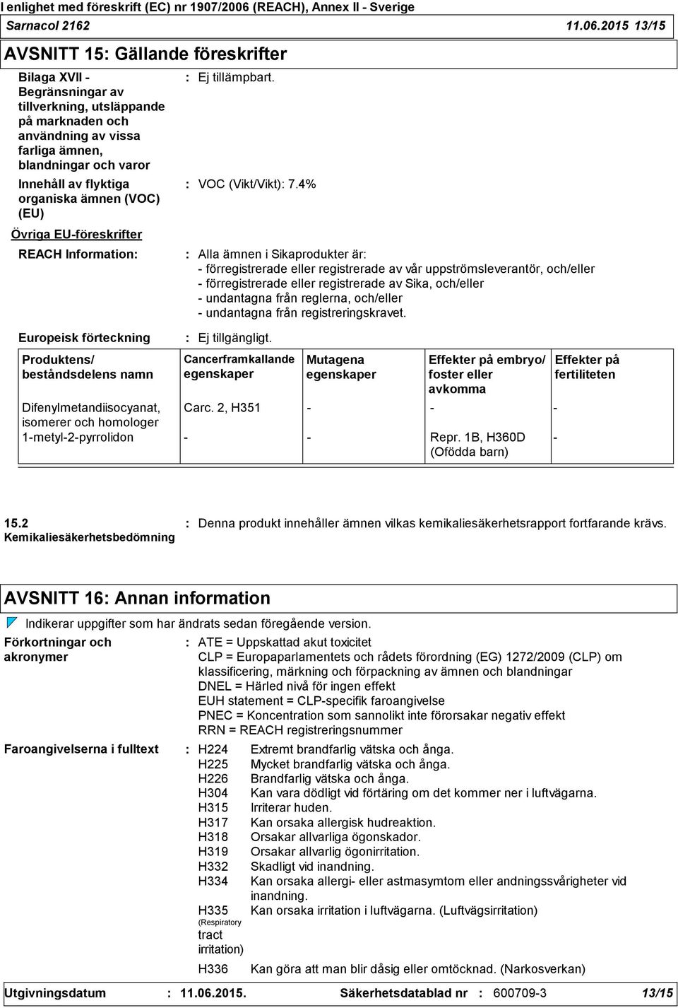 organiska ämnen (VOC) (EU) Övriga EU-föreskrifter REACH Information Europeisk förteckning Produktens/ beståndsdelens namn Ej tillämpbart. VOC (Vikt/Vikt) 7.