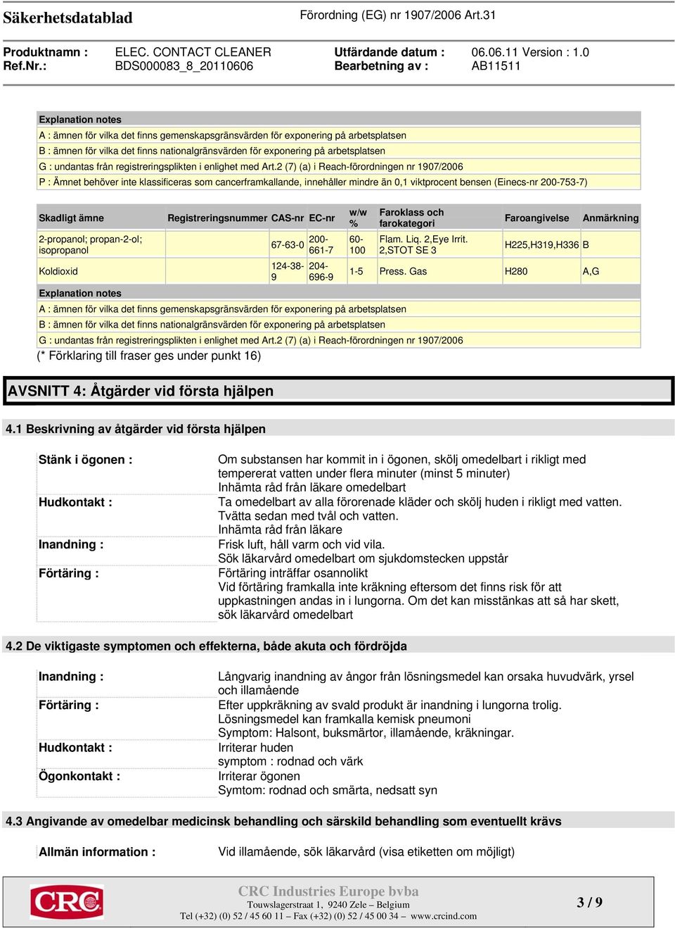 2 (7) (a) i Reach-förordningen nr 1907/2006 P : Ämnet behöver inte klassificeras som cancerframkallande, innehåller mindre än 0,1 viktprocent bensen (Einecs-nr 200-753-7) Skadligt ämne 2-propanol;