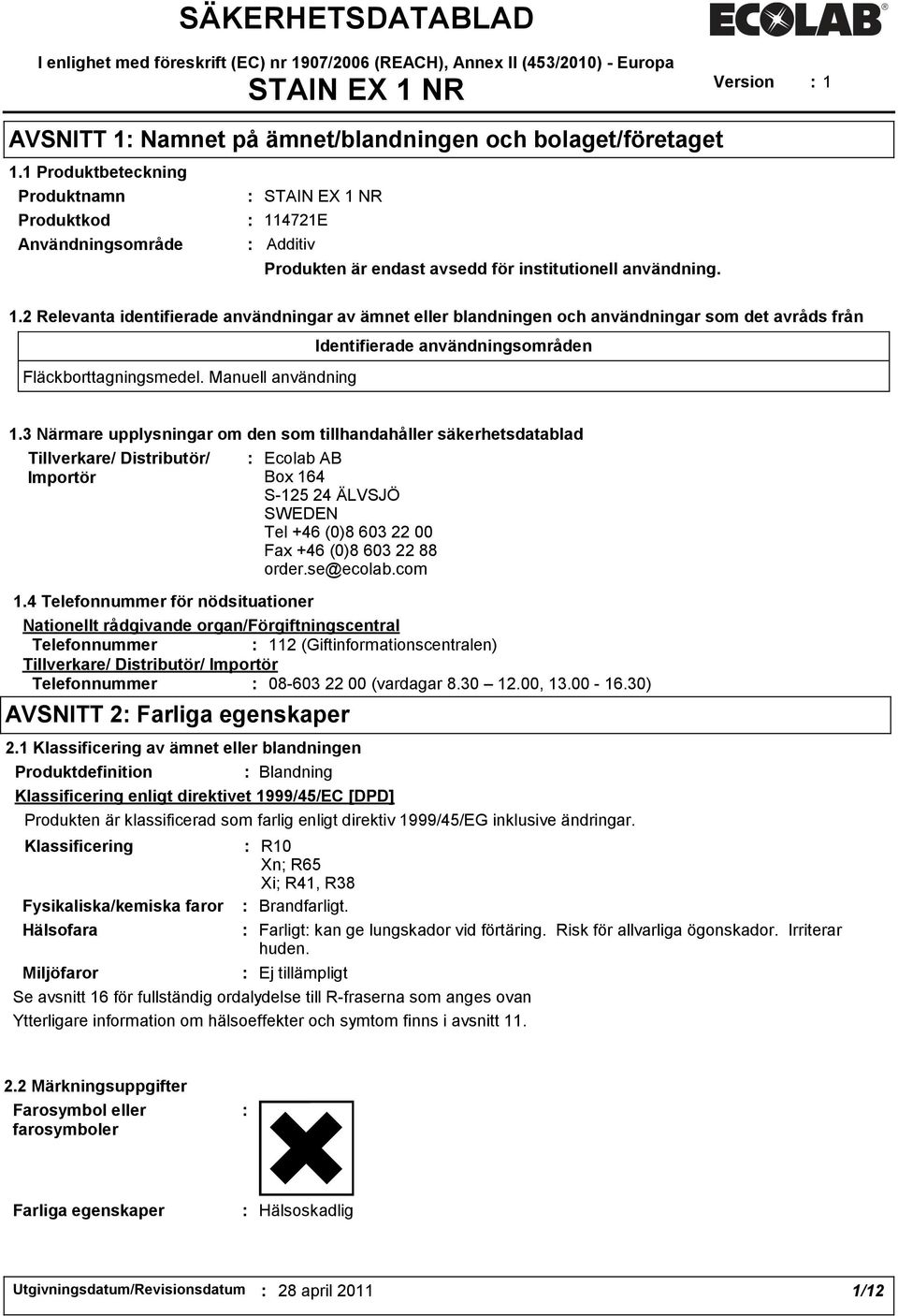 Manuell användning Identifierade användningsområden 1.3 Närmare upplysningar om den som tillhandahåller säkerhetsdatablad Tillverkare/ Distributör/ Importör 1.