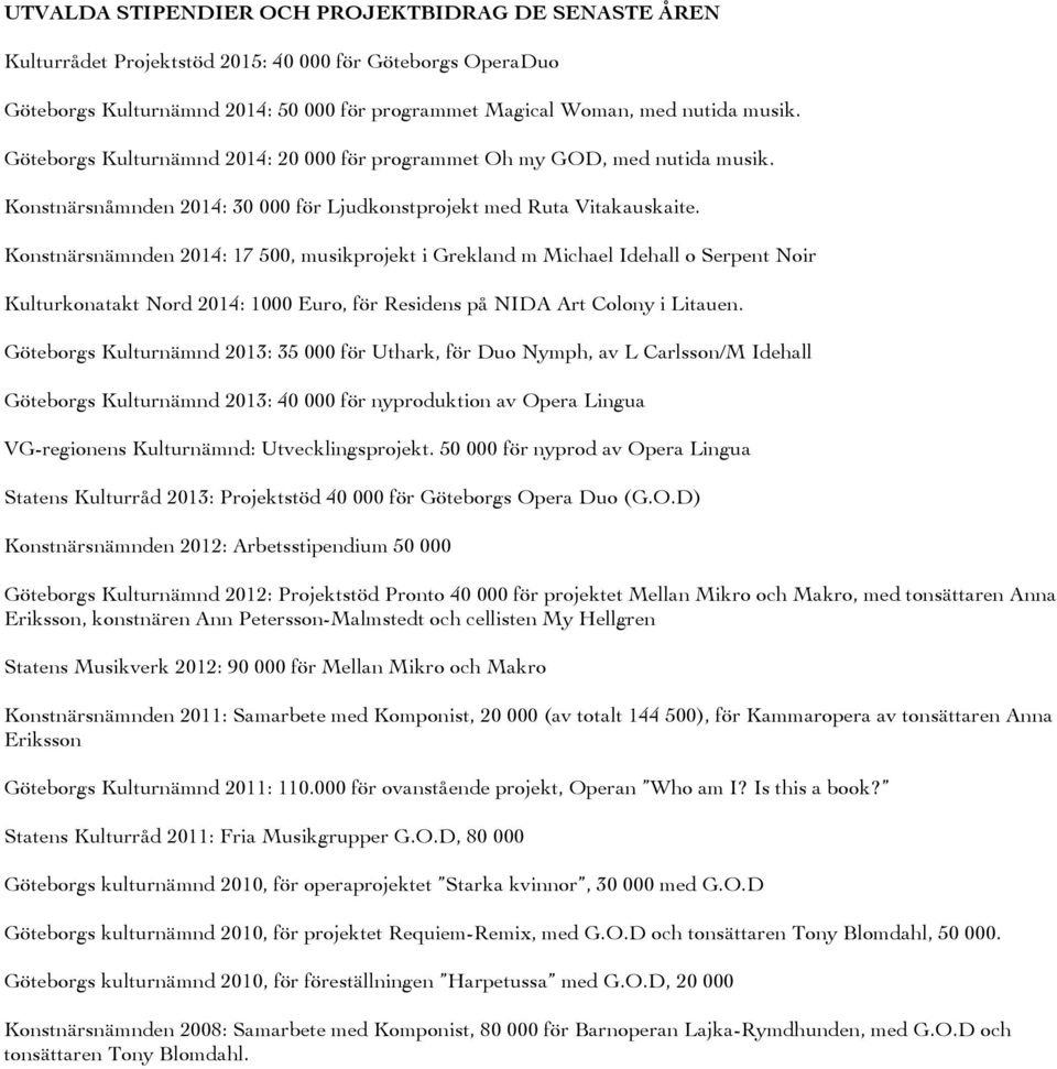 Konstnärsnämnden 2014: 17 500, musikprojekt i Grekland m Michael Idehall o Serpent Noir Kulturkonatakt Nord 2014: 1000 Euro, för Residens på NIDA Art Colony i Litauen.