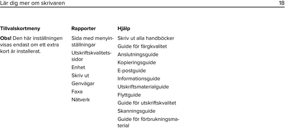 Sida med menyinställningar Utskriftskvalitetssidor Enhet Skriv ut Genvägar Faxa Nätverk Skriv ut alla