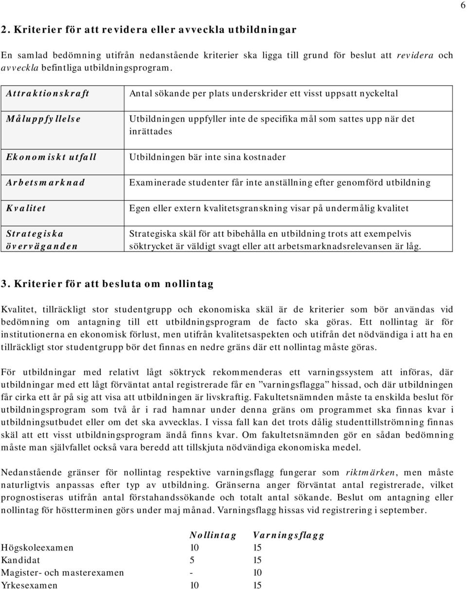 specifika mål som sattes upp när det inrättades Utbildningen bär inte sina kostnader Examinerade studenter får inte anställning efter genomförd utbildning Egen eller extern kvalitetsgranskning visar