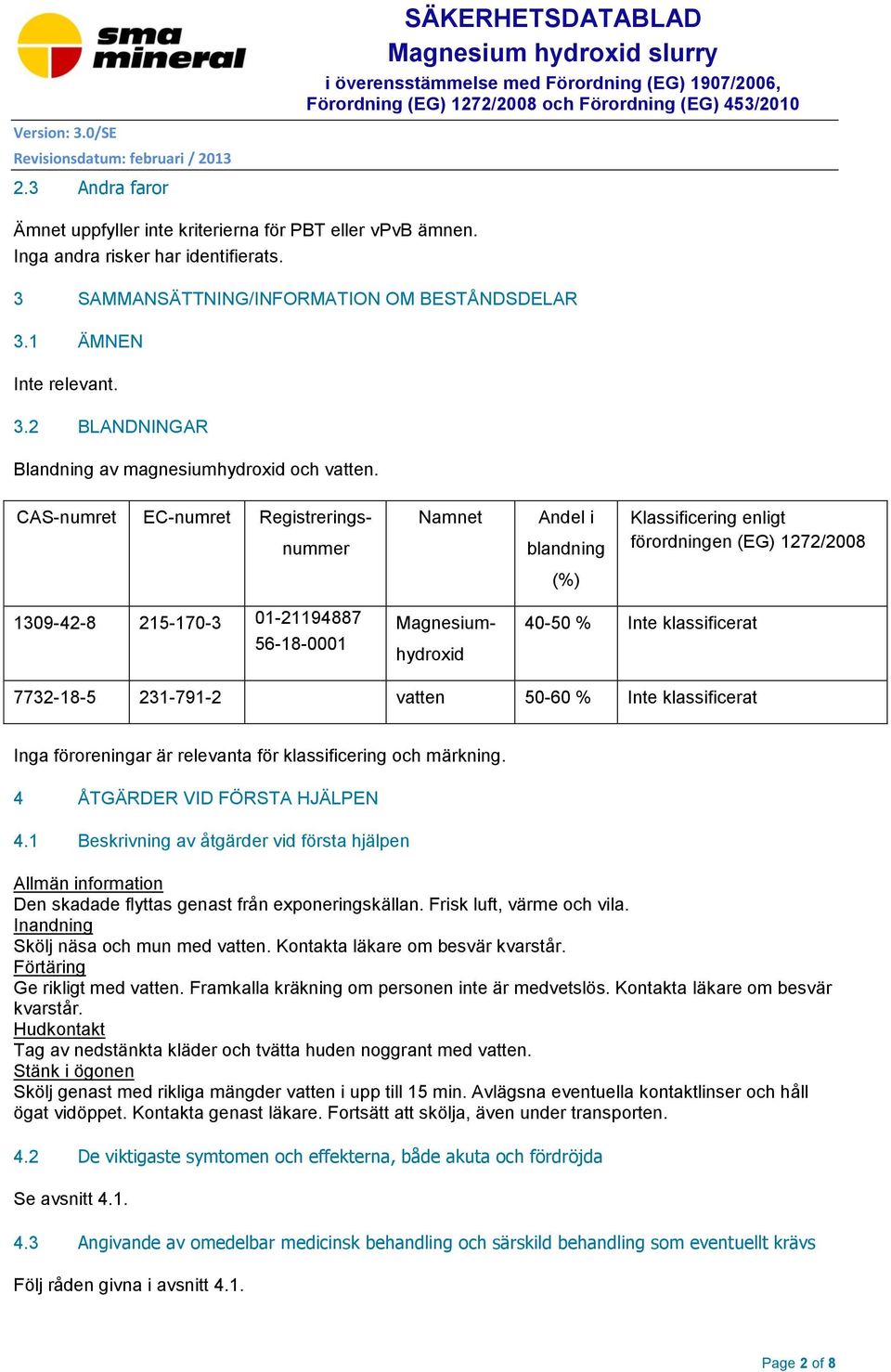 CAS-numret EC-numret Registreringsnummer Namnet Andel i blandning Klassificering enligt förordningen (EG) 1272/2008 (%) 1309-42-8 215-170-3 01-21194887 56-18-0001 Magnesiumhydroxid 40-50 % Inte