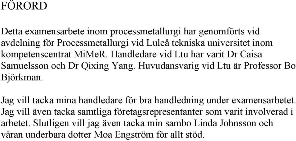 Huvudansvarig vid Ltu är Professor Bo Björkman. Jag vill tacka mina handledare för bra handledning under examensarbetet.