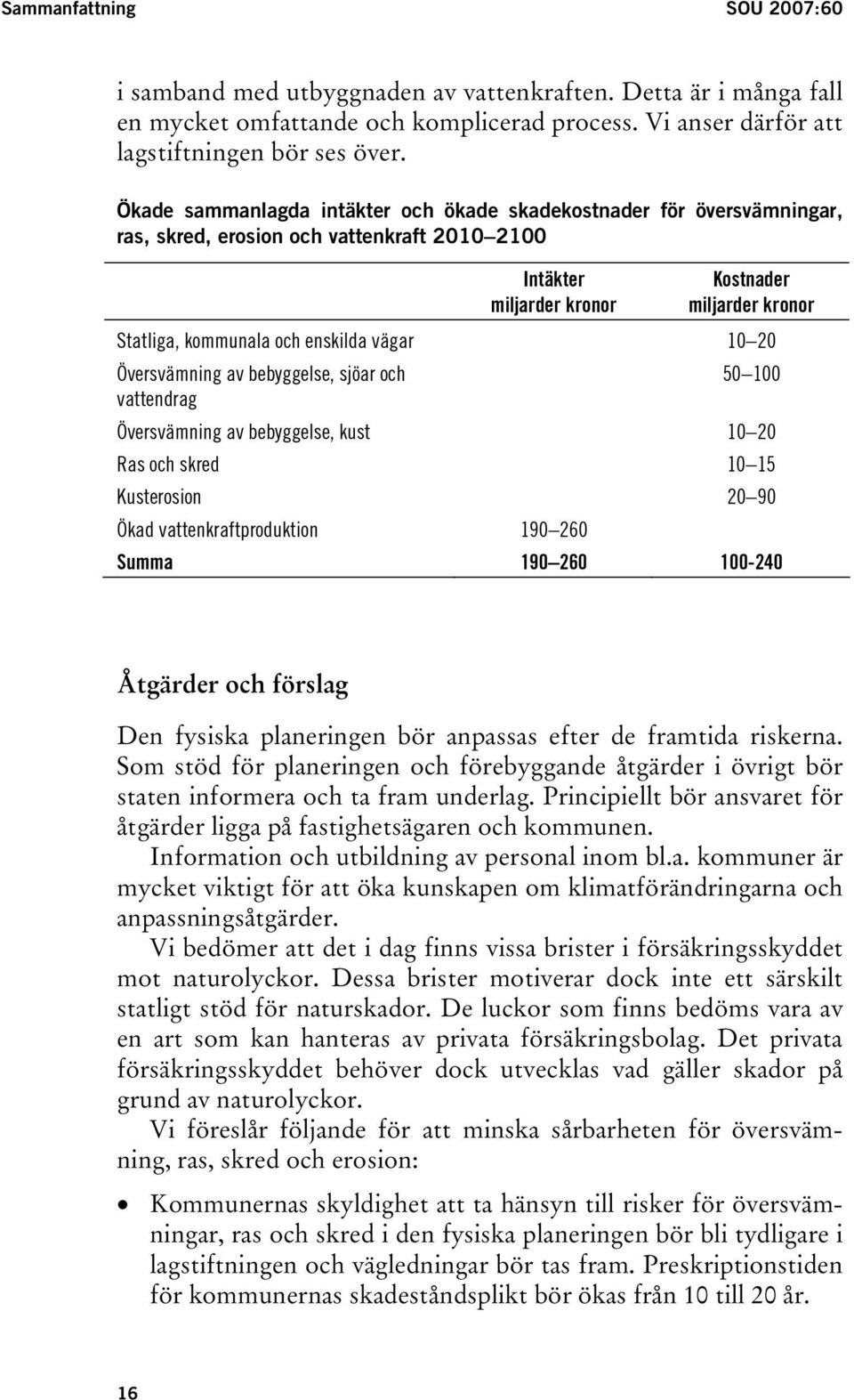 kommunala och enskilda vägar Översvämning av bebyggelse, sjöar och vattendrag Översvämning av bebyggelse, kust 10 20 Ras och skred 10 15 Kusterosion 20 90 Ökad vattenkraftproduktion 190 260 Summa 190