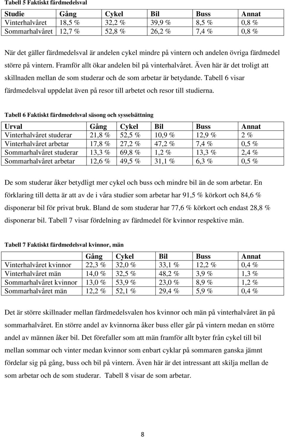 Även här är det troligt att skillnaden mellan de som studerar och de som arbetar är betydande. Tabell 6 visar färdmedelsval uppdelat även på resor till arbetet och resor till studierna.