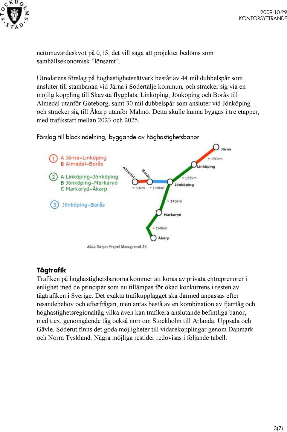 Linköping, Jönköping och Borås till Almedal utanför Göteborg, samt 30 mil dubbelspår som ansluter vid Jönköping och sträcker sig till Åkarp utanför Malmö.