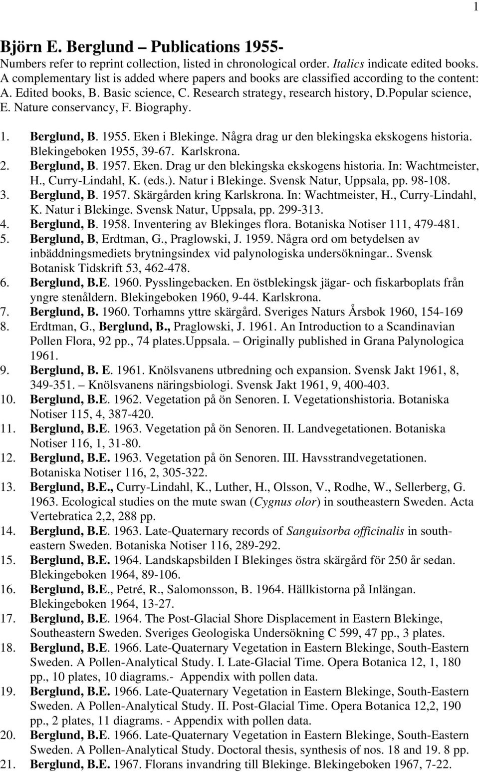 Nature conservancy, F. Biography. 1. Berglund, B. 1955. Eken i Blekinge. Några drag ur den blekingska ekskogens historia. Blekingeboken 1955, 39-67. Karlskrona. 2. Berglund, B. 1957. Eken. Drag ur den blekingska ekskogens historia.