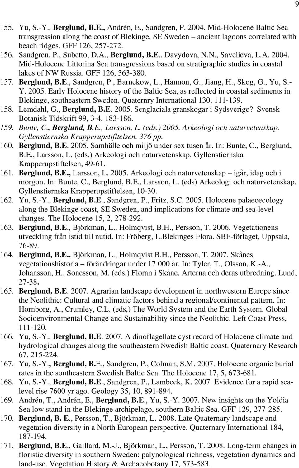 Mid-Holocene Littorina Sea transgressions based on stratigraphic studies in coastal lakes of NW Russia. GFF 126, 363-380. 157. Berglund, B.E., Sandgren, P., Barnekow, L., Hannon, G., Jiang, H.